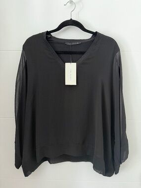 NWT ZARA WOMAN Black Chiffon Blouse Sheer Overlay V-Neck Tunic Top L